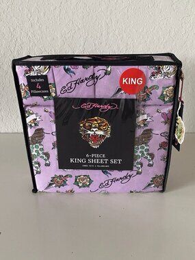 6 Piece Ed Hardy KING Size Sheet Set Americana Asian Tattoo Tiger Print Purple
